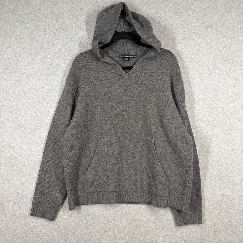 Vintage Cub Monaco 100% Lambs Wool Knit Large Gray V-Neck Pullover Hoodie